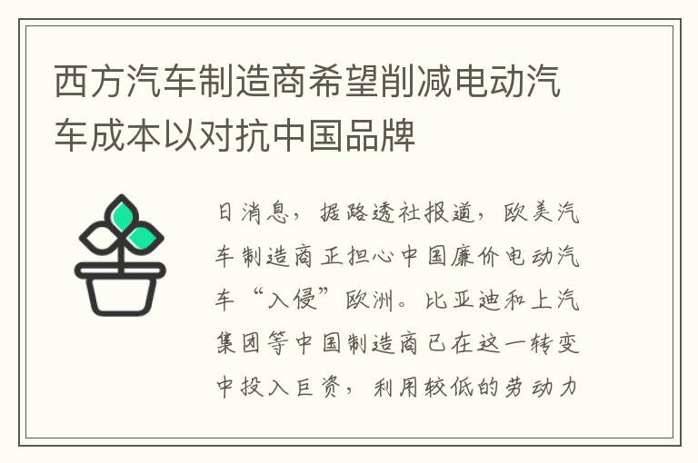 西方汽车制造商希望削减电动汽车成本以对抗中国品牌